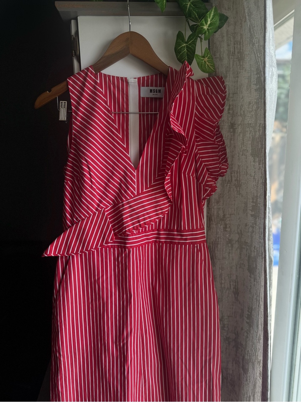 MSGM Red and White Striped Ruffle Dress